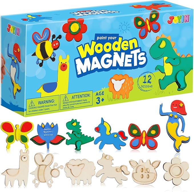 12 Wooden Magnet Creativity Arts & Crafts Painting Kit for Kids, Decorate Your Own Painting Gift for Easter Basket Stuffers, Birthday Parties and Family Crafts, Party Favors for Boys Girls