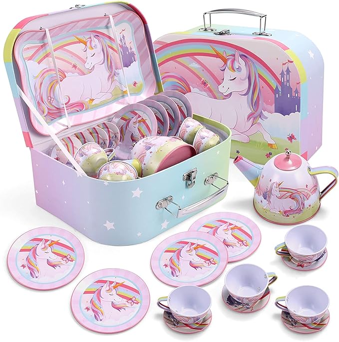 Unicorn Tea Party Set for Little Girls, Pretend Pink Tin Teapot Set, Princess Tea Time Play Kitchen Toy with Teapot, Cup, Plate, Carrying Case for Kids Toddlers Age 3 4 5 6, Gift for Christmas
