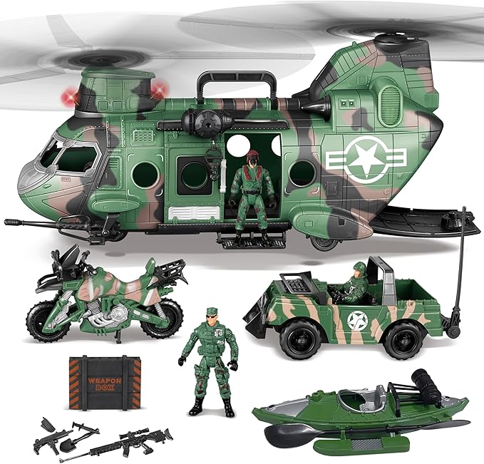 10-in-1 Military Helicopter Toys Set with Light, Sound, Trucks, Boat, Bike, Army Men, Weapons - Christmas Birthday Party Gifts for Kids