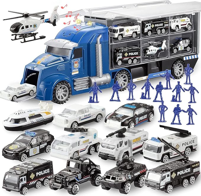 25 in 1 Police Rescue Truck Car Toy Set with Sounds and Lights, Mini Vehicles in Carrier Truck, Play Police Patrol Rescue Vehicle Toy, Birthday Gifts for Over 3 Years Old Boys