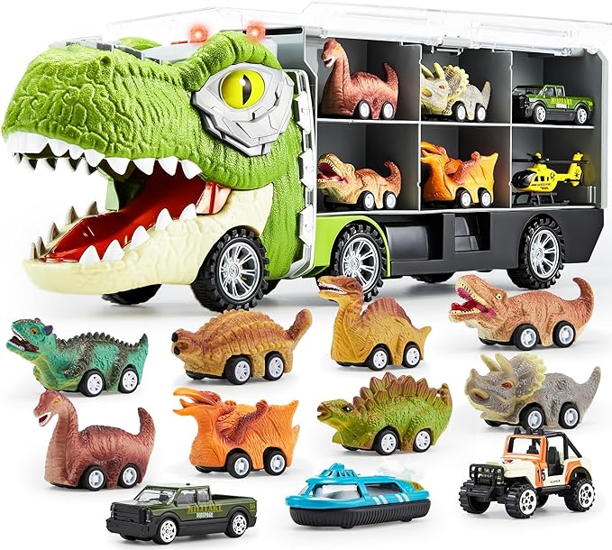 13 in 1 Dinosaur Toys for Kids 3-5, Dinosaur Truck with 12 Pull Back Cars, Birthday Gifts Toys for 3 4 5+ Year Old Boy, Transport Carrier Truck for Toddlers, Christmas Great Gifts for Grandkids