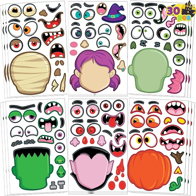 30 Pcs Halloween Make a Face Stickers for Kids, Halloween Party Favor, Party Craft Supplies, Fall Sticker Sheets with 6 Different Facial Expression, Classroom Art Activities Treat Games Goodies
