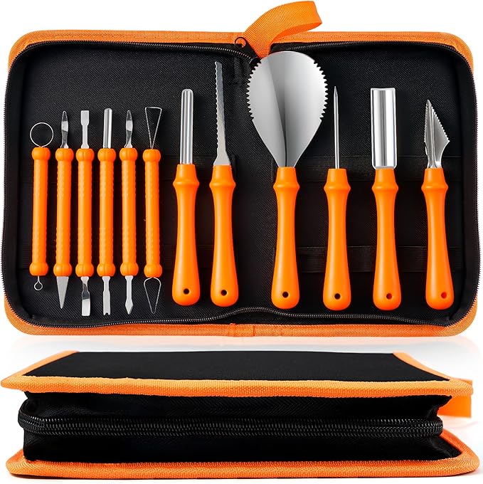 12 Pcs Halloween Pumpkin Carving Kit Tools, Professional Carving Set with Handbag, 12 Stainless Steel Double-sided Sculpting Tool for Kids DIY Jack-o-Lantern Party Decor Family Craft Supplies