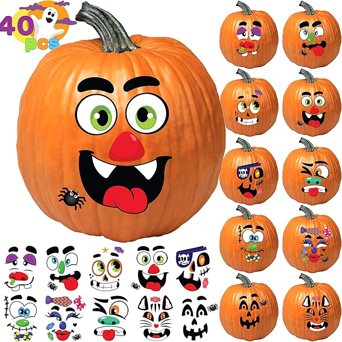 Halloween Make 40 Faces Pumpkin Decorating Stickers with 18 Sticker Sheets in 12 Different Designs and Sizes Party Supplies Trick or Treat Party Favors