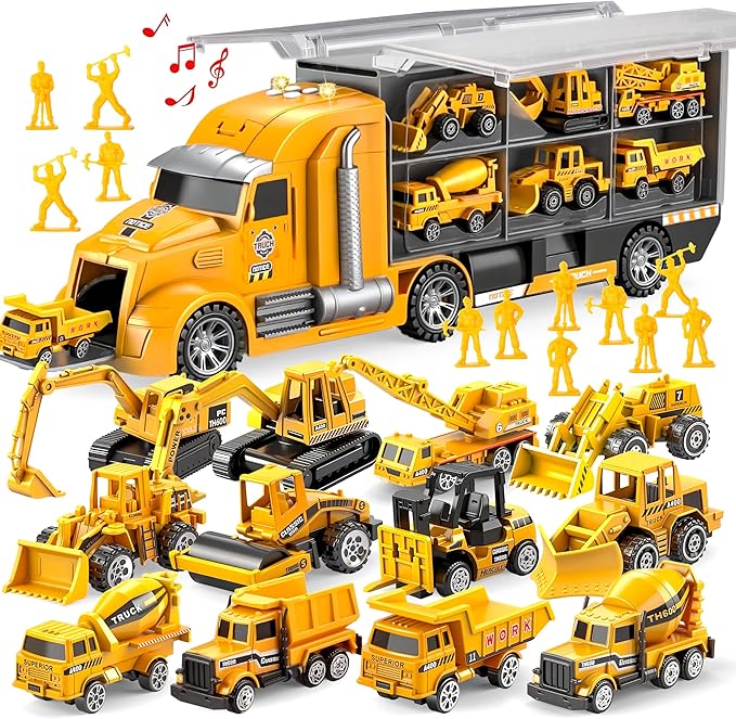 25 in 1 Kids Construction Truck Toy Set, 24Pcs Push and Go Cars and Worker Figures, Toddler Play Vehicles Carrier Truck with Sounds and Light, Birthday Gifts Toys for 3 4 5 6 7 Years Old Boys