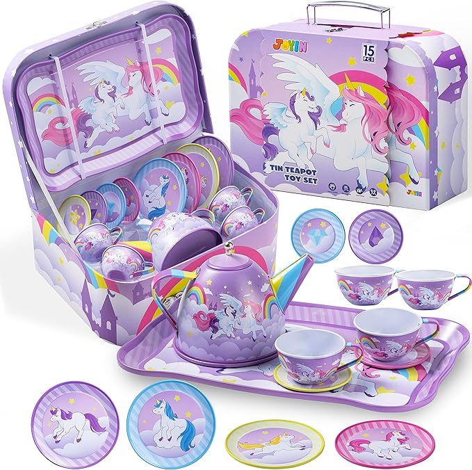 Unicorn Tea Party Set for Little Girls, Pretend Purple Tin Teapot Set, Princess Tea Time Play Kitchen Toy with Teapot, Cup, Plate, Carrying Case for Kids Toddler Age 3+, Gift for Christmas