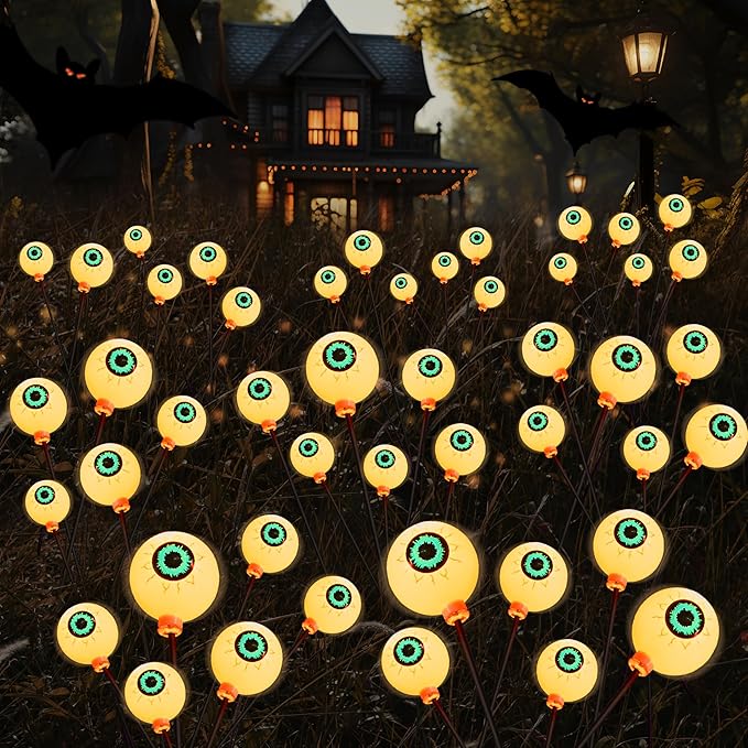 Halloween Decorations Outdoor Solar Scary Eyeball Lights, 2 Pcs 12LEDs Warm Pathway Yard Stakes, Waterproof Firefly Lights for Halloween Graveyard Yard Garden Patio Walkway Party