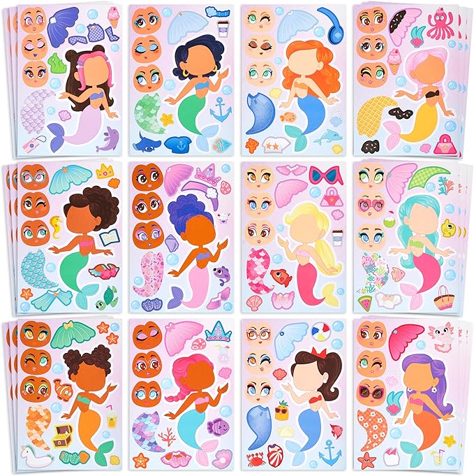 36 Pcs 9"x6" Mermaid Make a face Stickers for Kids, Make Your Own Mermaid Sticker Sheets, Party Favors Kids Crafts, Goodie Bags Stuffers, Classroom Rewards