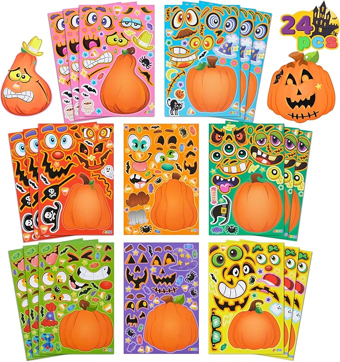 24 Pcs Halloween Pumpkin Decorating Stickers, Party Favor for Kids, Art Crafts Party Supplies, Pumpkin Face Sticker with 8 Designs, Halloween Treats Classroom Activities Games