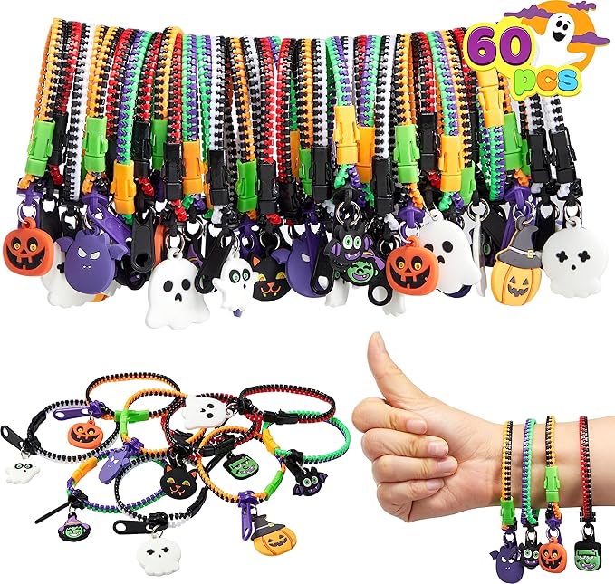 60 PCS Halloween Zipper Bracelets Bulk Set, Friendship Zipper Wristbands for Kids Gift, Halloween Trinkets, Goodie Bag Fillers, Classroom Prizes
