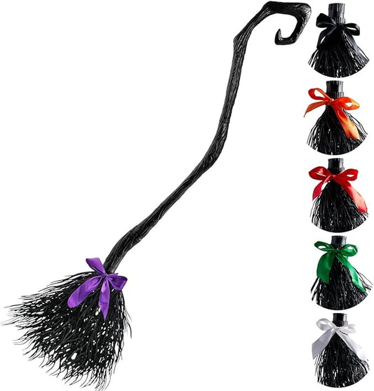 55'' Halloween Witch Broom Cane with Ribbons, Witches Broomstick for Kids Women Wizard Costume Parties, Photo Booth Accessory Stage Prop, Halloween Decorations