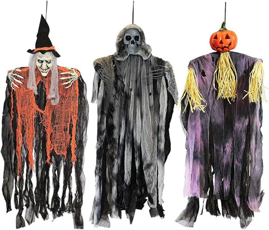 3 Pack 35” Hanging Ghosts Witch Pumpkin Decor Hanging Halloween Decorations Outdoor Halloween Decor, Scary Flying Witch Grim Reapers Haunted House Front Porch Decor Yard Garden Lawn Party