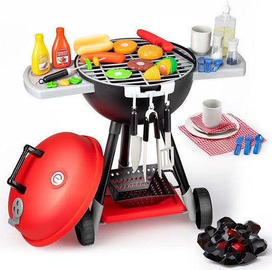 34 PCS Kitchen Toy Set, BBQ Play Grill, Cooking Toy Set, Little Chef Play, Kids Grill Playset Interactive BBQ for Kids with Light & Sound, Birthday Gift for Boys Girls