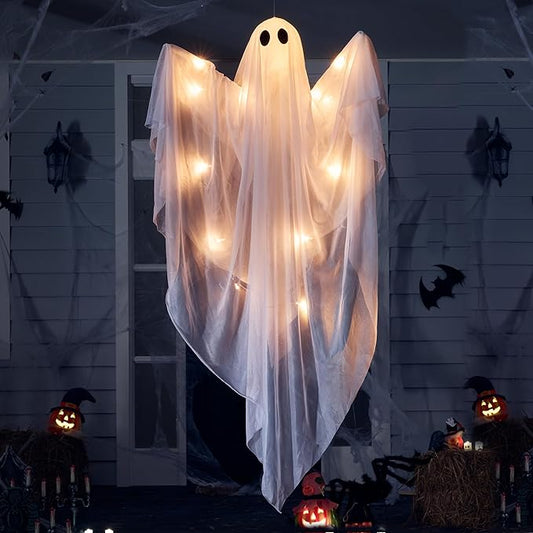 Halloween Hanging Light up Ghost with Spooky Warm White LED Light, 47” Halloween Hanging Decoration White Ghosts for Front Yard Patio Lawn Garden Party Decor Indoor Outdoor