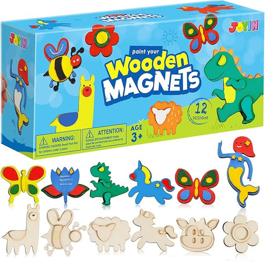 12 Wooden Magnet Creativity Arts & Crafts Painting Kit for Kids, Decorate Your Own Painting Gift for Easter Basket Stuffers, Birthday Parties and Family Crafts, Party Favors for Boys Girls