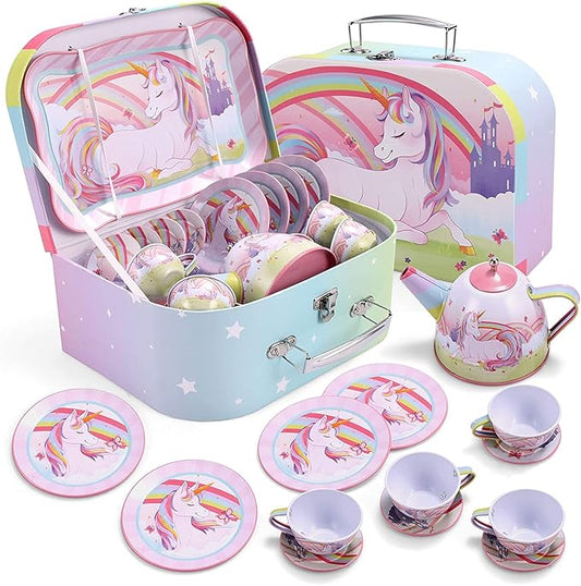 Unicorn Tea Party Set for Little Girls, Pretend Pink Tin Teapot Set, Princess Tea Time Play Kitchen Toy with Teapot, Cup, Plate, Carrying Case for Kids Toddlers Age 3 4 5 6, Gift for Christmas