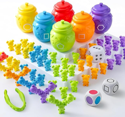 Rainbow Counting Bears with Matching Sorting Cups - 83 Pcs Set Learning Toys for Kids Age 3+, Number Sorting, Color Recognition, Tweezers, Dice, Instruction Book, Educational Gift