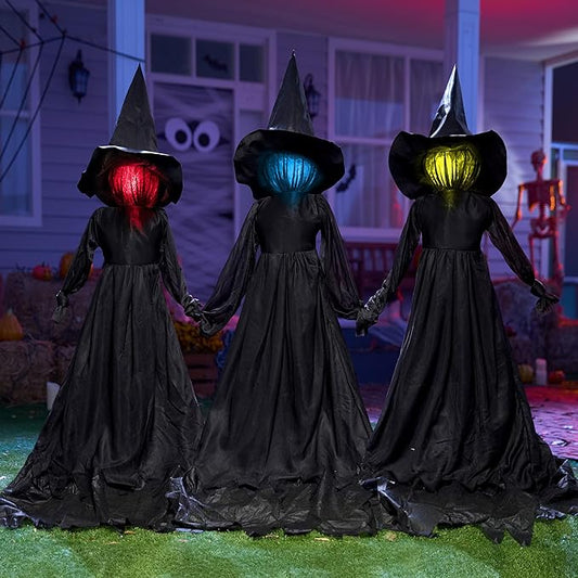 Halloween Witch Decorations Outdoor Yard Stakes 3 Pack, 4.2 FT Multicolored Light Up Scary Flying Witch with Sound Activation, for Halloween Graveyard Lawn Yard Garden Decorations
