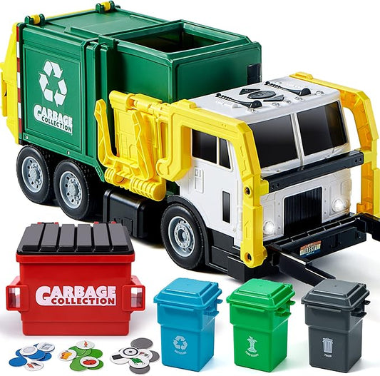 Large Friction Powered Garbage Truck Toy Set, Includes Dumpster, Trash Bins, and Learning Cards for Kids, Boy Toys Birthday Gift for Boys Girls Kids Toddler Gift for Christmas