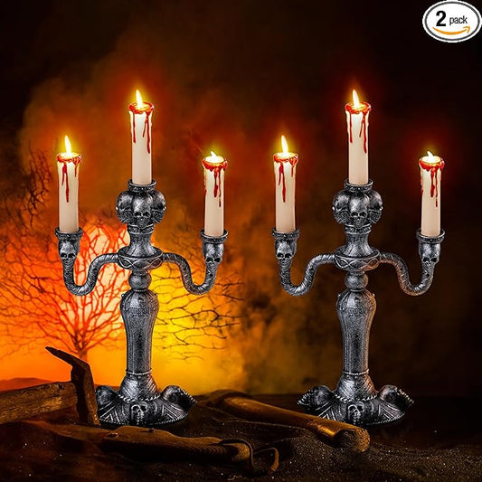 2 Pcs Skull Candelabra Halloween Decorations Indoor LED Lights Flameless Candles Holder, Scary Haunted House Mansion Decor for Table Home Party