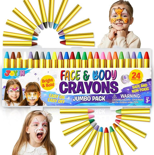 24 Colors Face Paint Safe & Non-Toxic Face and Body Crayons (Large Size 3 inch) Ultimate Party Pack Including 6 Metallic Colors for Birthday Toy Makeup Party Suppiles, Gifts for Kids Girls Boys