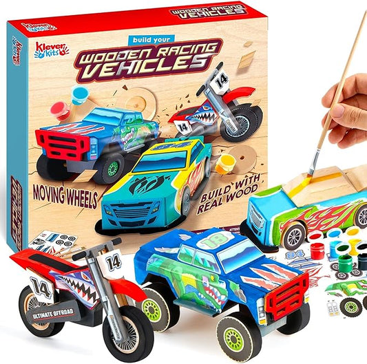 Kids Craft Kit Build & Paint Your Own Wooden Race Car Art & Craft Kit DIY Toy Make Your Own Car Truck Toy Construct and Paint Kit, Presents for Kids
