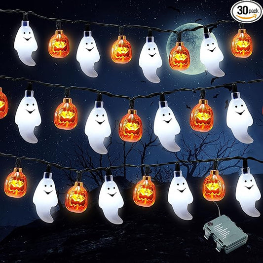 Halloween String Lights Decorations, 19.7FT 30 LED Battery Operated Ghost Pumpkin 3D String Light with 8 Lighting Modes for Home Indoor Outdoor Halloween Party Decor(Orange/White Color)