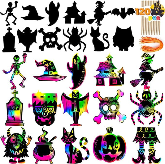 72 Pcs Halloween Rainbow Scratch Art Crafts for Kid, Halloween Party Favors, Scratch Off Paper with 18 Designs for Party Supplies, Classroom Activities Game Goodies Gifts