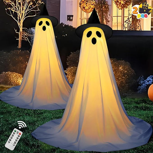 2 Packs 47'' Halloween Decorations Outdoor Standing Ghost, Light Up Spooky Ghost with Witch Hat & Remote Control, Glowing Halloween Decor for Yard Porch Lawn Garden Party Supplies Haunted House