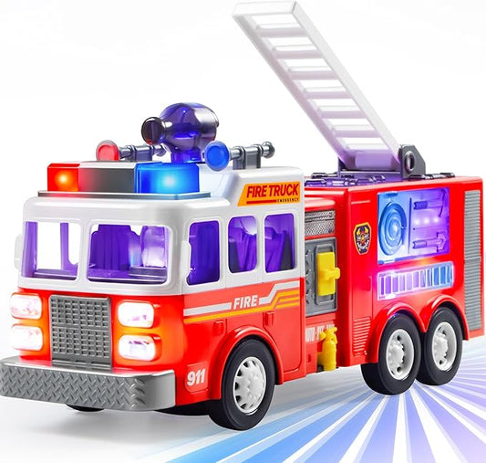 LED Fire Truck Toy for Toddlers - LED Projections & Sirens, Bump and Go Fire Engine Trucks with Mode Switch & Volume Control, Boys&Girls Firetruck, Kids Birthday