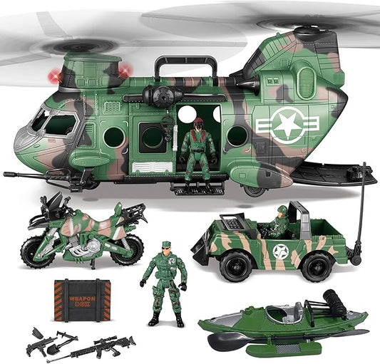 10-in-1 Military Helicopter Toys Set with Light, Sound, Trucks, Boat, Bike, Army Men, Weapons - Christmas Birthday Party Gifts for Kids