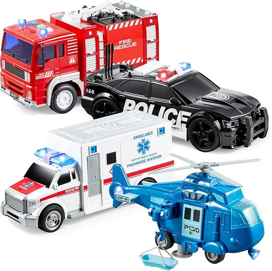 4 Packs Emergency Vehicle Toy Playsets, Friction Powered Vehicles with Light and Sound, Including Fire Truck, Ambulance, Play Police Car and Helicopter, Christmas Toddler Kids Boys Gifts