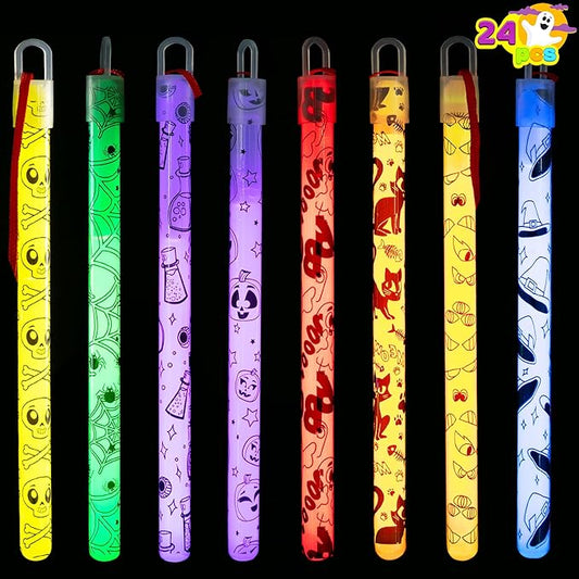 24 Pcs Halloween Glow Stick Hanging Wands in 8 Different Pattern Designs and 6 Colors for Kids Party Favors, Halloween Party Supplies, Glow in the Dark, Goodies Bags Fillers, Non Candy Treats