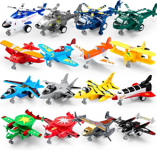 16 Pcs Pull Back Airplane Toys, Boys Plane Playset, Aircraft Incl Helicopter, Fighter, Bomber, Biplane Model, Gifts for Toddler Kids 3+ Years Old, Kids Presents, Treasure Box Toys for Classroom