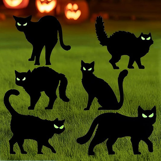 6 Pcs Halloween Yard Signs Decorations Outdoor, Halloween Black Cat Stakes with Glow in Dark Eyes, Scary Silhouette Decor for Pathway Graveyard Yard Garden Lawn Patio Party Supplies