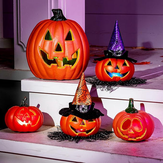 5 Pcs Light Up Halloween Pumpkin Decor Jack O Lantern Decorations Outdoor Indoor, Plastic Large Trick Or Treat Table Top Party Supplies Favors
