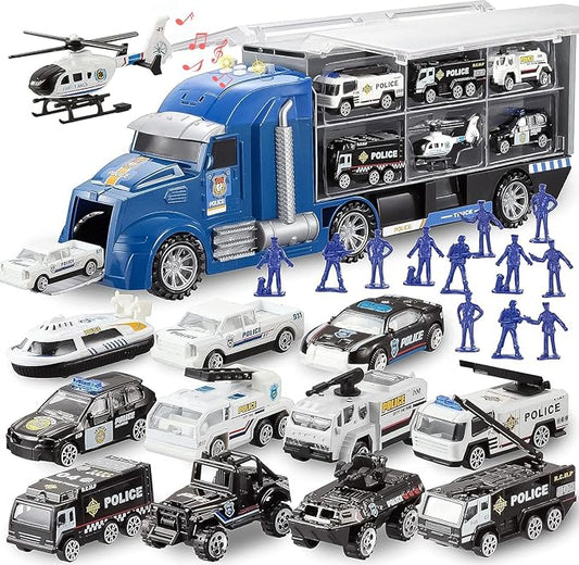 25 in 1 Police Rescue Truck Car Toy Set with Sounds and Lights, Mini Vehicles in Carrier Truck, Play Police Patrol Rescue Vehicle Toy, Birthday Gifts for Over 3 Years Old Boys