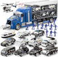 25 in 1 Police Rescue Truck Car Toy Set with Sounds and Lights, Mini Vehicles in Carrier Truck, Play Police Patrol Rescue Vehicle Toy, Birthday Gifts for Over 3 Years Old Boys