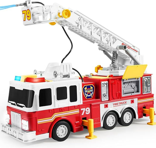 Extra Large Toddler Fire Truck Toys for Boys with 33-inch Ladder, Realistic Sirens, Lights & Sprinkler Pump, Big Firetruck Emergency Vehicle, Kids Toys for Age 3, 4, 5, 6, 7, Christmas Birthday Gift