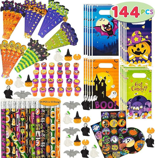 144 Pieces 24 Pack Assorted Halloween Themed Stationery Kids Gift Set Trick Treat Prize Party Favor Toy Including Halloween Pencils, Rulers, Stickers, Stamps and Erasers in Trick or Treat Bags