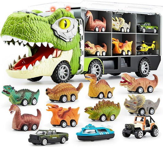 13 in 1 Dinosaur Toys for Kids 3-5, Dinosaur Truck with 12 Pull Back Cars, Birthday Gifts Toys for 3 4 5+ Year Old Boy, Transport Carrier Truck for Toddlers, Christmas Great Gifts for Grandkids