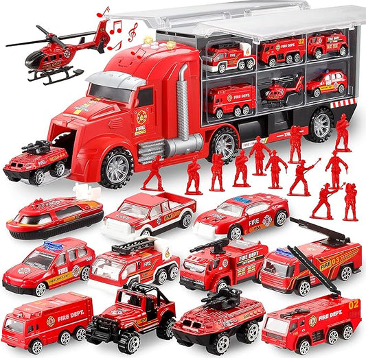25 in 1 Fire Truck Vehicle Toy Set with Sounds and Lights, Fire Engine Vehicles in Carrier Truck, Mini Rescue Emergency Car Toy, Birthday Gifts for Over 3 Years Old Boys