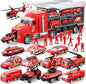25 in 1 Fire Truck Vehicle Toy Set with Sounds and Lights, Fire Engine Vehicles in Carrier Truck, Mini Rescue Emergency Car Toy, Birthday Gifts for Over 3 Years Old Boys