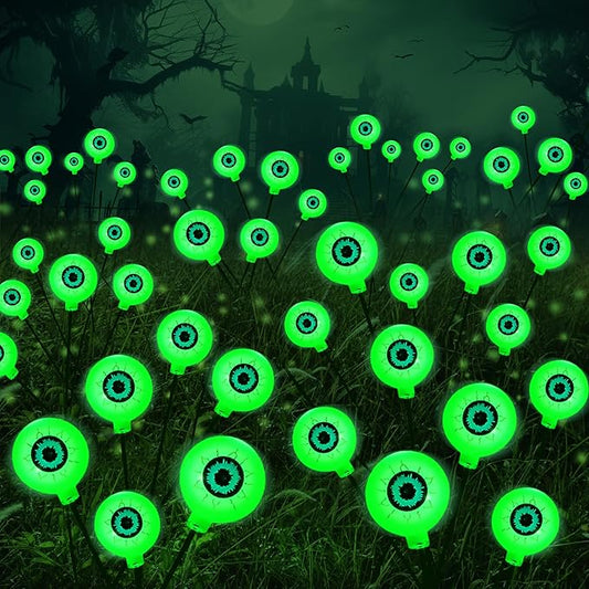 Halloween Decorations Outdoor Solar Scary Eyeball Lights, 2 Pcs 12 LEDs Green Pathway Yard Stakes, Waterproof Firefly Lights for Halloween Graveyard Yard Garden Patio Walkway Party
