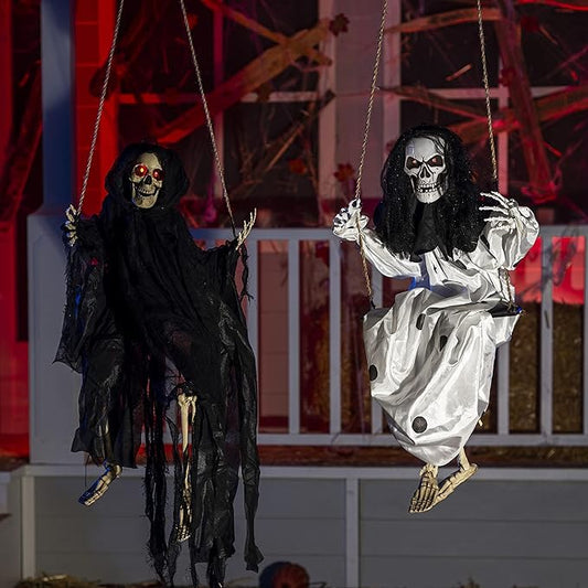 Halloween Scary Decorations Outdoor, 2 Packs Halloween Hanging Swinging Ghosts Decor with Lighted Up Eyes, Creepy Swinging Skeleton Flying Props for Yard Patio Lawn Garden
