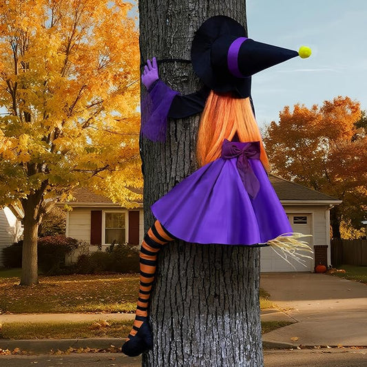 56'' Crashing Witch Halloween Tree Decorations Outdoor, Flying Witch on Broom Hanging Decorations for Yard, Porch, Door, Lawn, Haunted House Prop