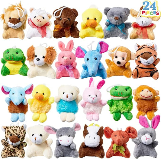 24 Pack Mini Animal Plush Toy Assortment, Animals Keychain Decoration for Kids, Small Stuffed Animal Bulk for Kids, Carnival Prizes, School Gifts, Halloween Goodie Bags