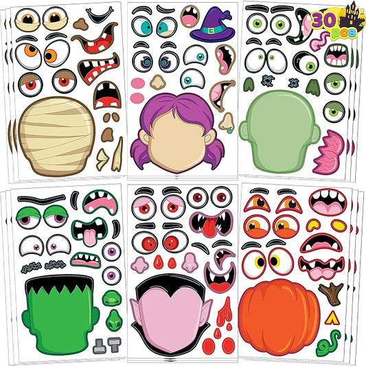 30 Pcs Halloween Make a Face Stickers for Kids, Halloween Party Favor, Party Craft Supplies, Fall Sticker Sheets with 6 Different Facial Expression, Classroom Art Activities Treat Games Goodies