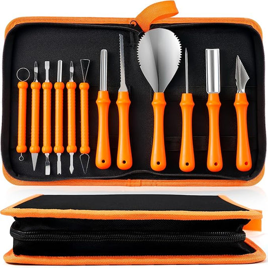 12 Pcs Halloween Pumpkin Carving Kit Tools, Professional Carving Set with Handbag, 12 Stainless Steel Double-sided Sculpting Tool for Kids DIY Jack-o-Lantern Party Decor Family Craft Supplies