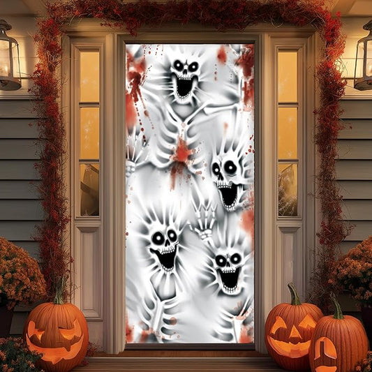 30”x72” Halloween Door Cover Decorations Indoor Creepy Skeleton, Haunted House Stickers Party Supplies Favors Garage Window Wall